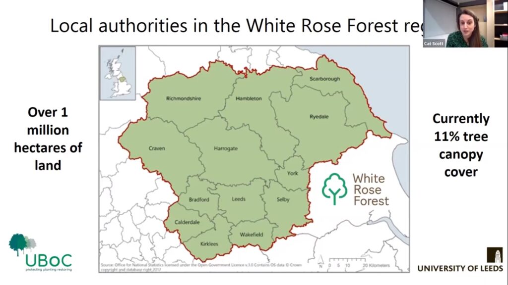 Webinar screenshot. Outline of west and north yorkshire, showing the extent of the White Rose Forest region. Cat Scott is presenting in the top right corner