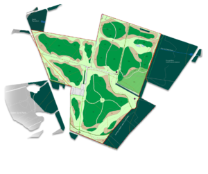 A schematic of a Gair Wood design shown from above. Different planting areas are shown but without specific detail