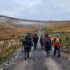 A group of volunteers walking down a moorland road